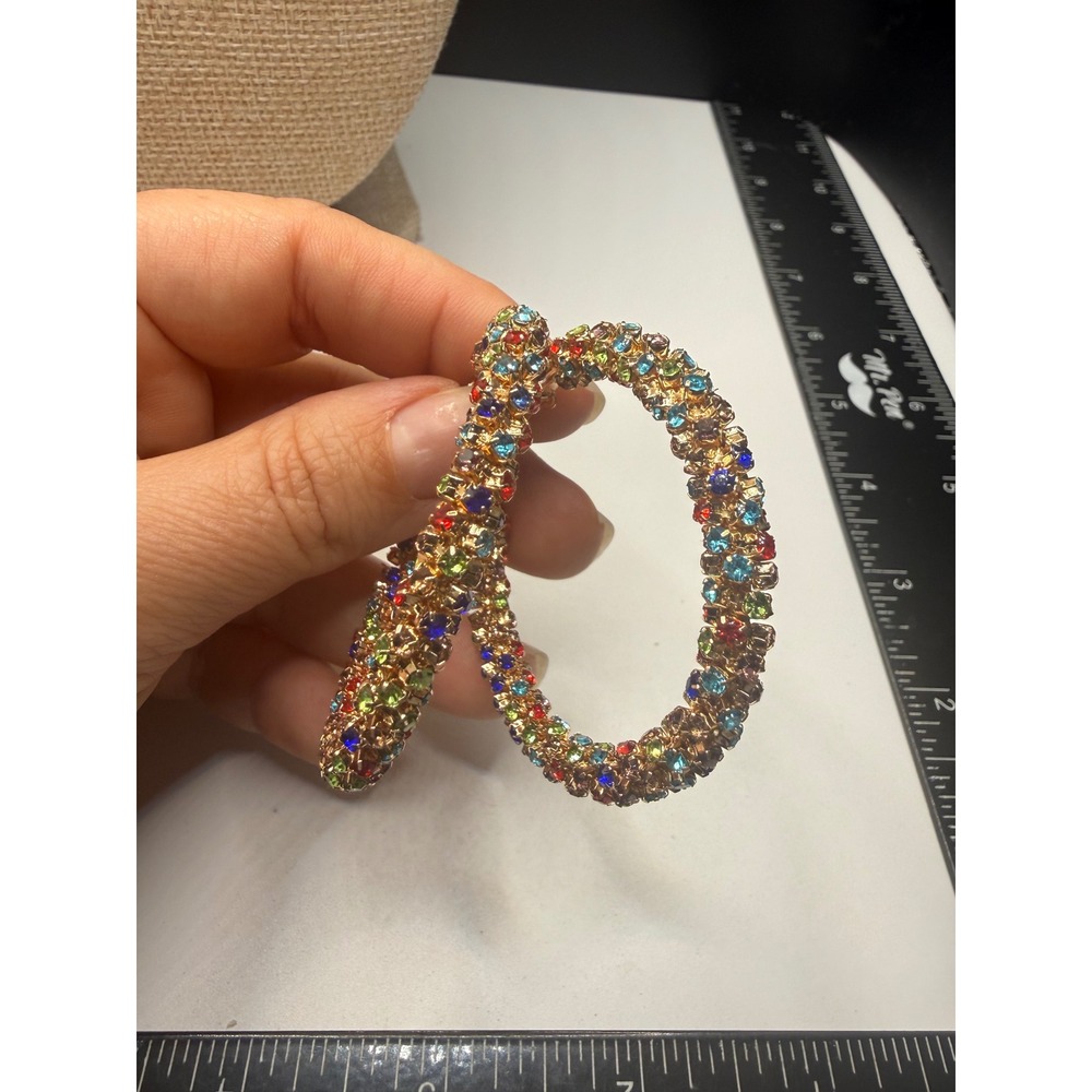 Multi-Color Rhinestone Hoop Earrings Gold Tone Rainbow Crystal Statement 2.5"